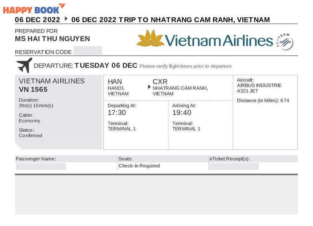 Mẫu vé máy bay điện tử của Vietnam Airline 